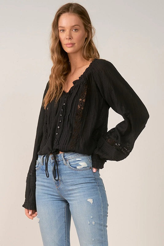 LONG SLEEVE PEASANT TOP- BLACK - Kingfisher Road - Online Boutique