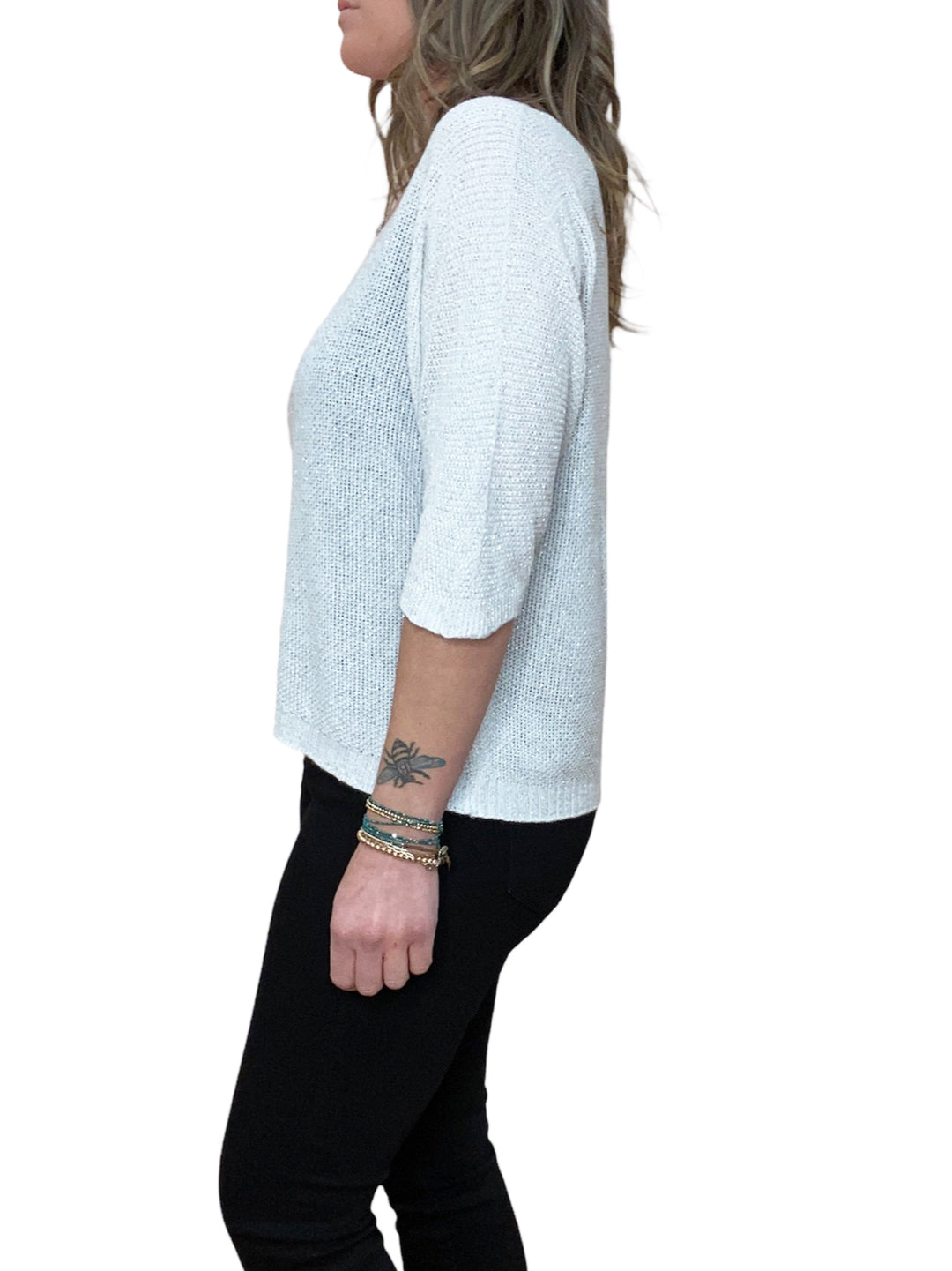 WHITE V-NECK SHIMMER SWEATER - Kingfisher Road - Online Boutique