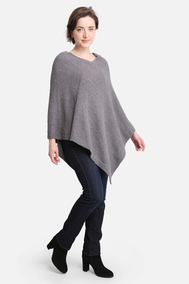 LUXE SOFT PONCHO WITH RIBBED EDGES-GRAY - Kingfisher Road - Online Boutique