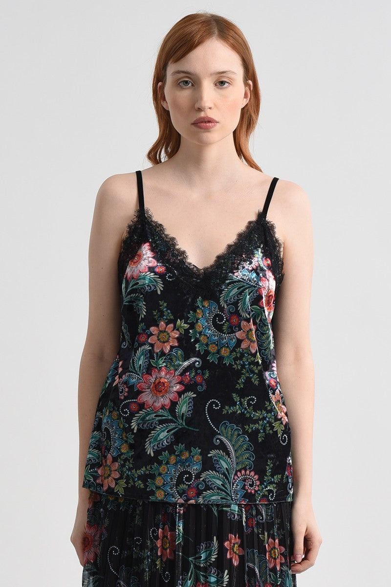 PRINTED VELVET CAMISOLE TANK - BLACK FREYA - Kingfisher Road - Online Boutique