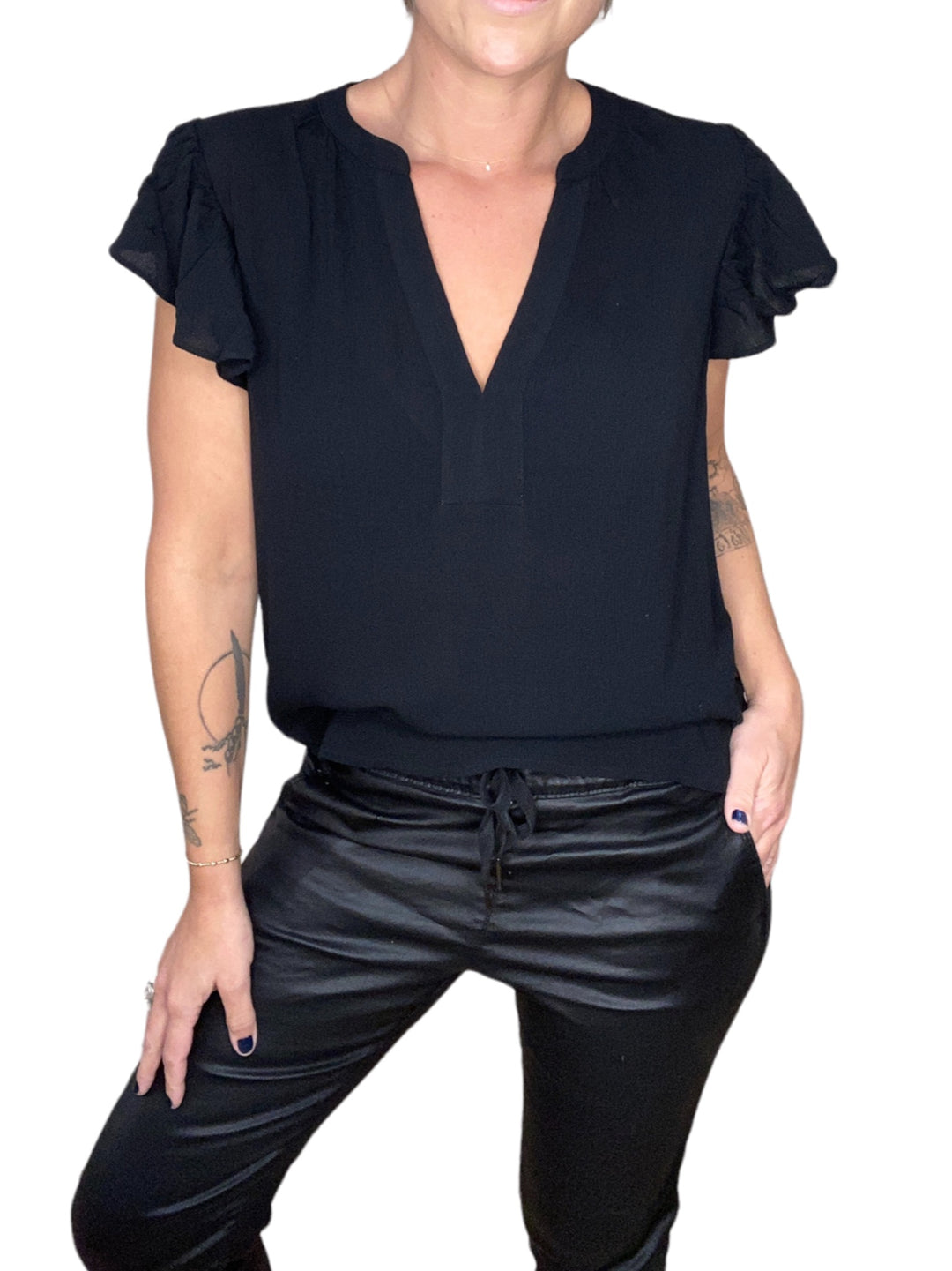 QUAY V-NECK RUFFLE SLEEVE TOP - BLACK - Kingfisher Road - Online Boutique