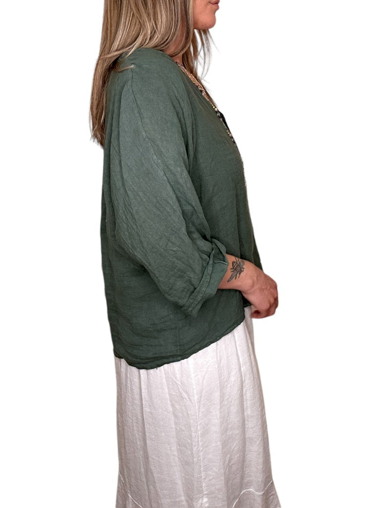 LINEN BUTTON DOWN V-NECK TOP-SAGE - Kingfisher Road - Online Boutique