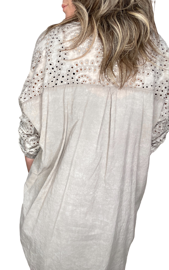 EYELET EMBROIDERED BUTTON TOP - SILVER - Kingfisher Road - Online Boutique