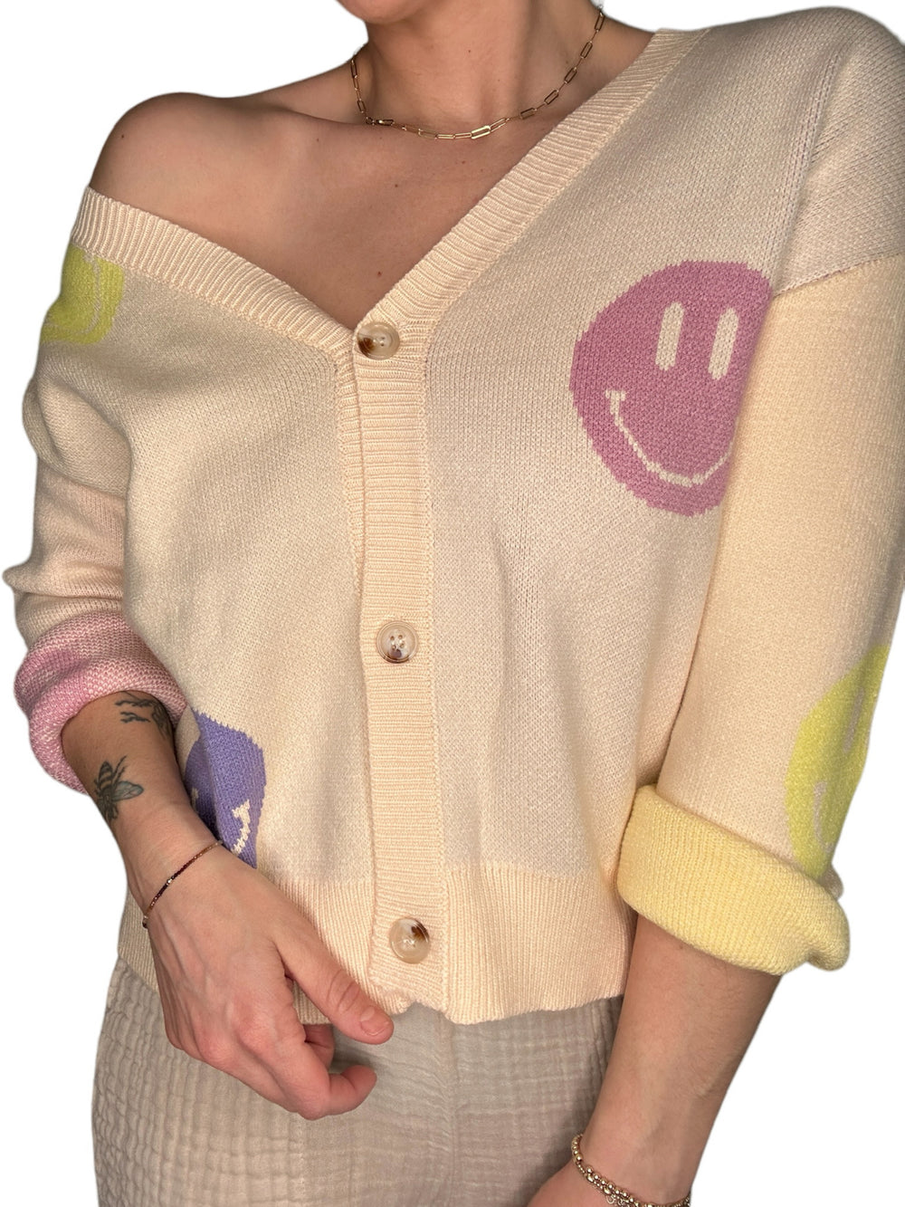 CREAM SMILEY FACE BUTTON UP CARDIGAN - Kingfisher Road - Online Boutique