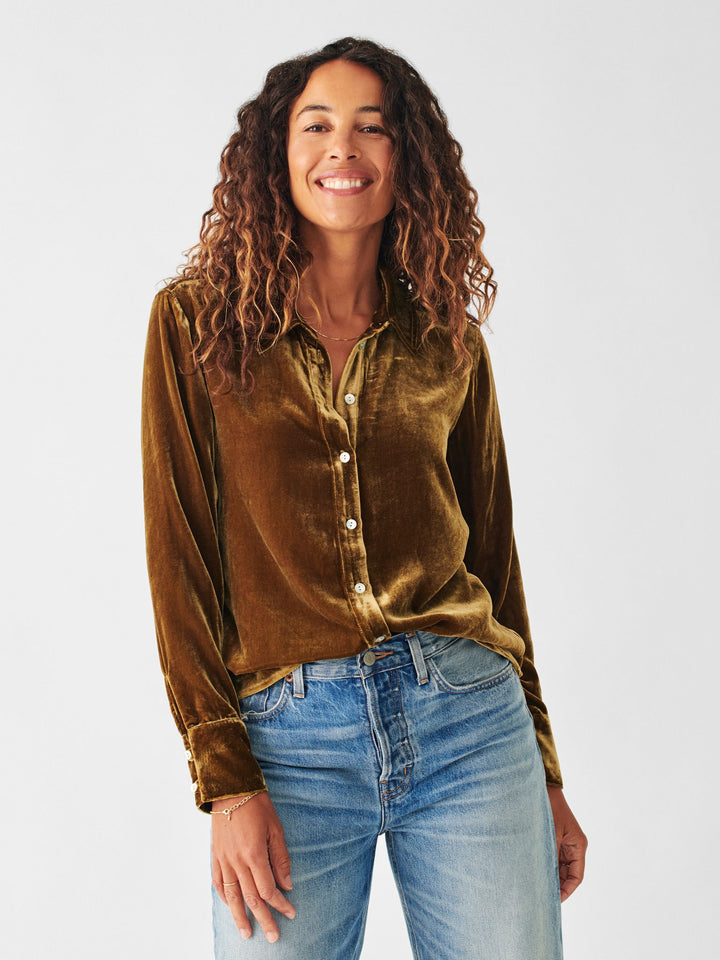 STRETCH SILK VELVET GENEVIEVE SHIRT-BREEN - Kingfisher Road - Online Boutique