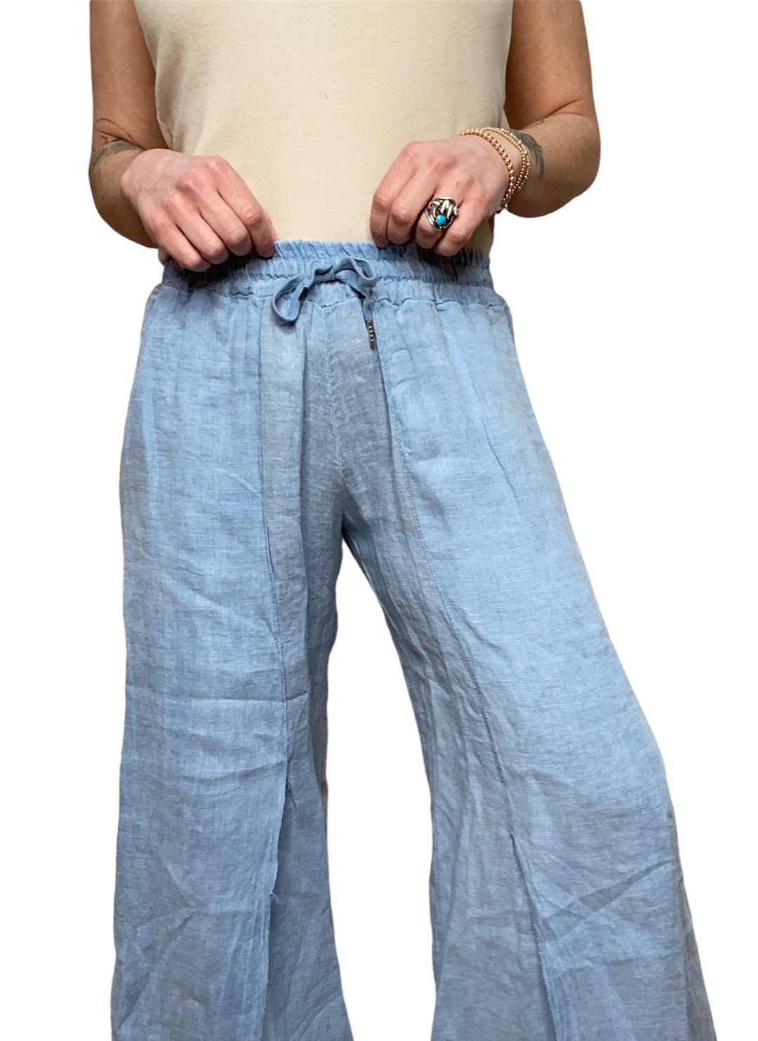 LINEN SPLIT LEG PANT - DENIM - Kingfisher Road - Online Boutique