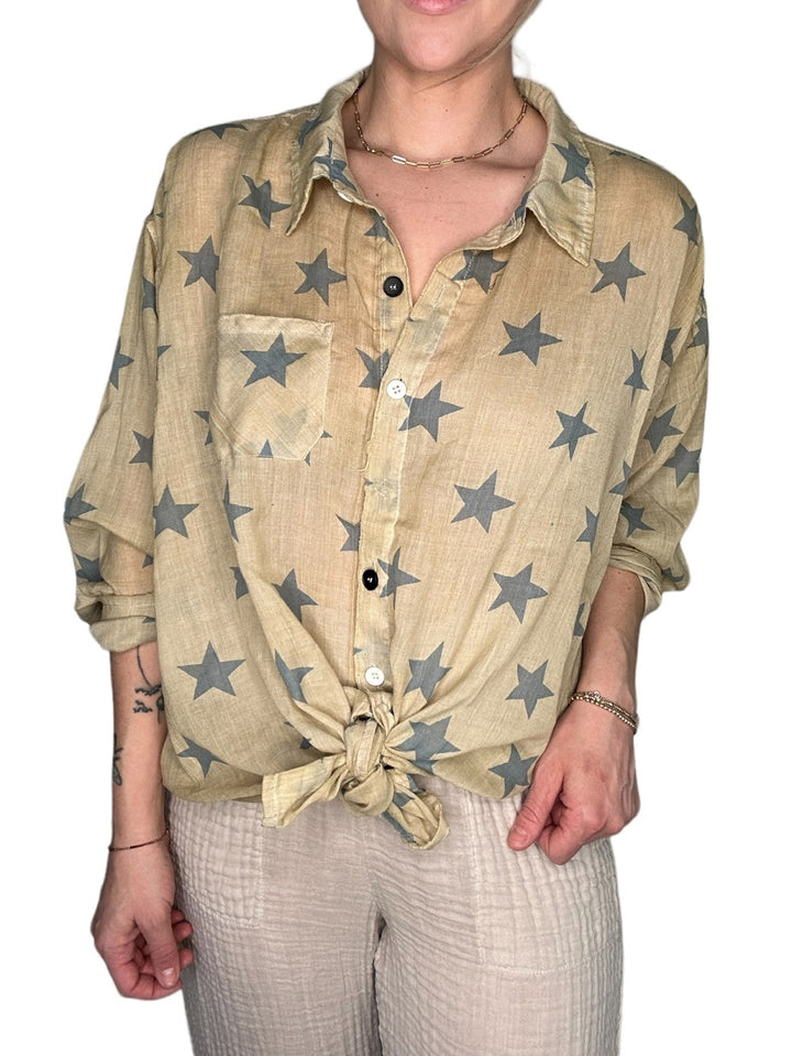 BLUE STAR BUTTON FRONT BLOUSE - Kingfisher Road - Online Boutique