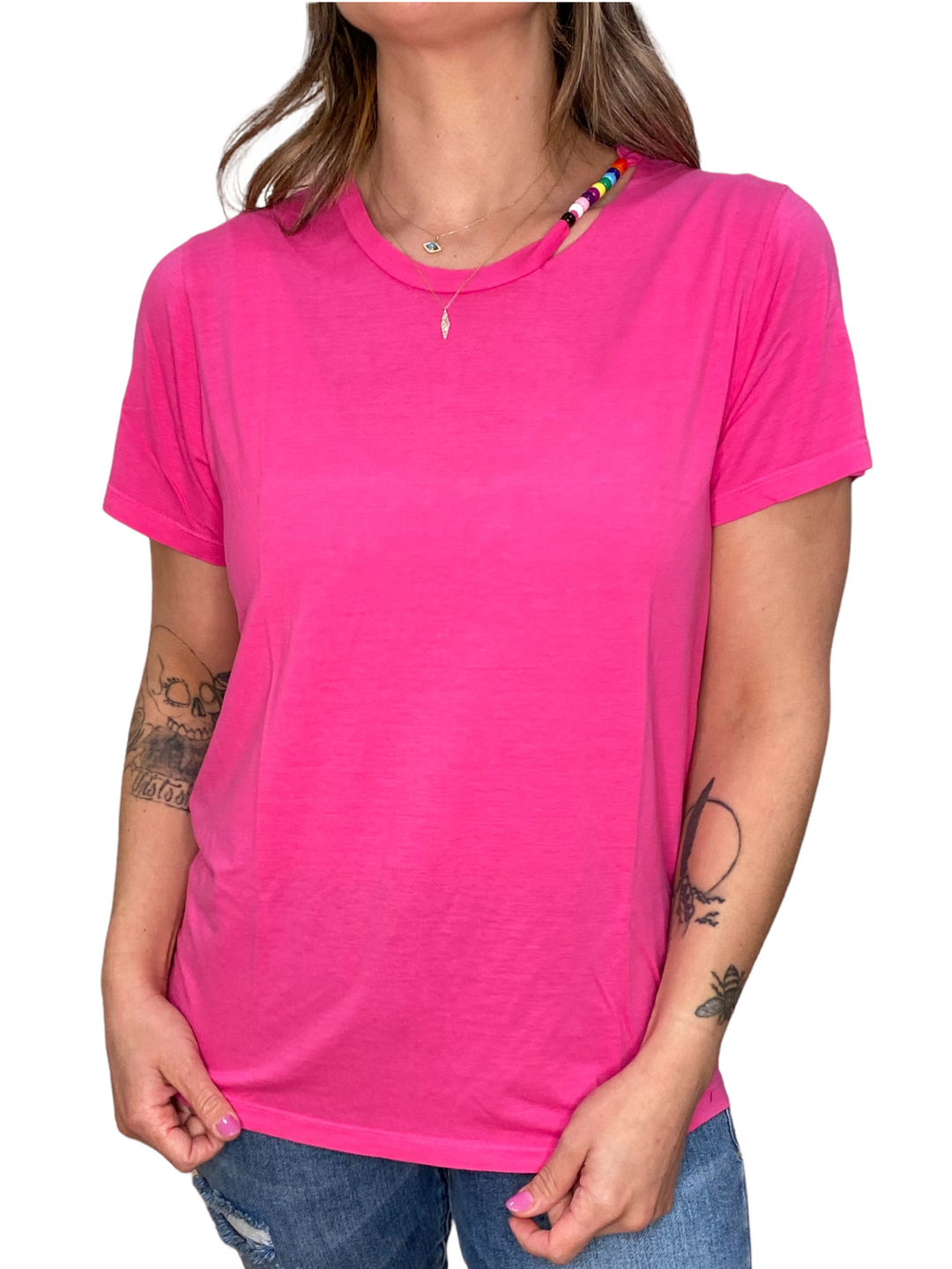 BRIGHT PINK THURSTON TEE W/BEADED NECK - Kingfisher Road - Online Boutique