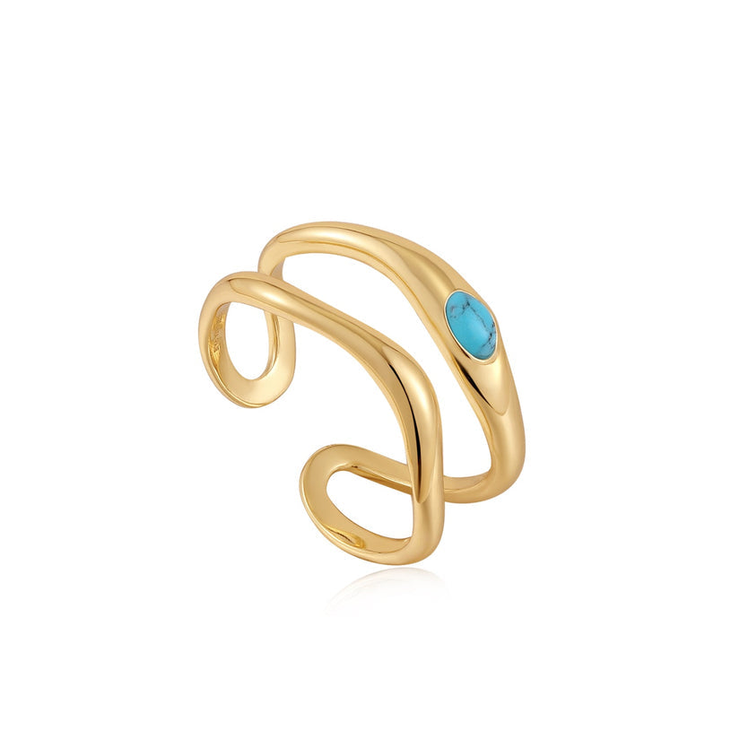 TURQUOISE WAVE DOUBLE BAND ADJUSTABLE RING-GOLD - Kingfisher Road - Online Boutique