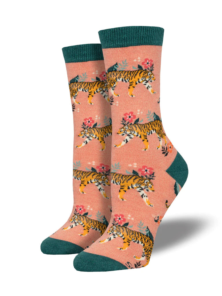 BAMBOO TIGER FLORAL CREW SOCK-PINK HEATHER - Kingfisher Road - Online Boutique