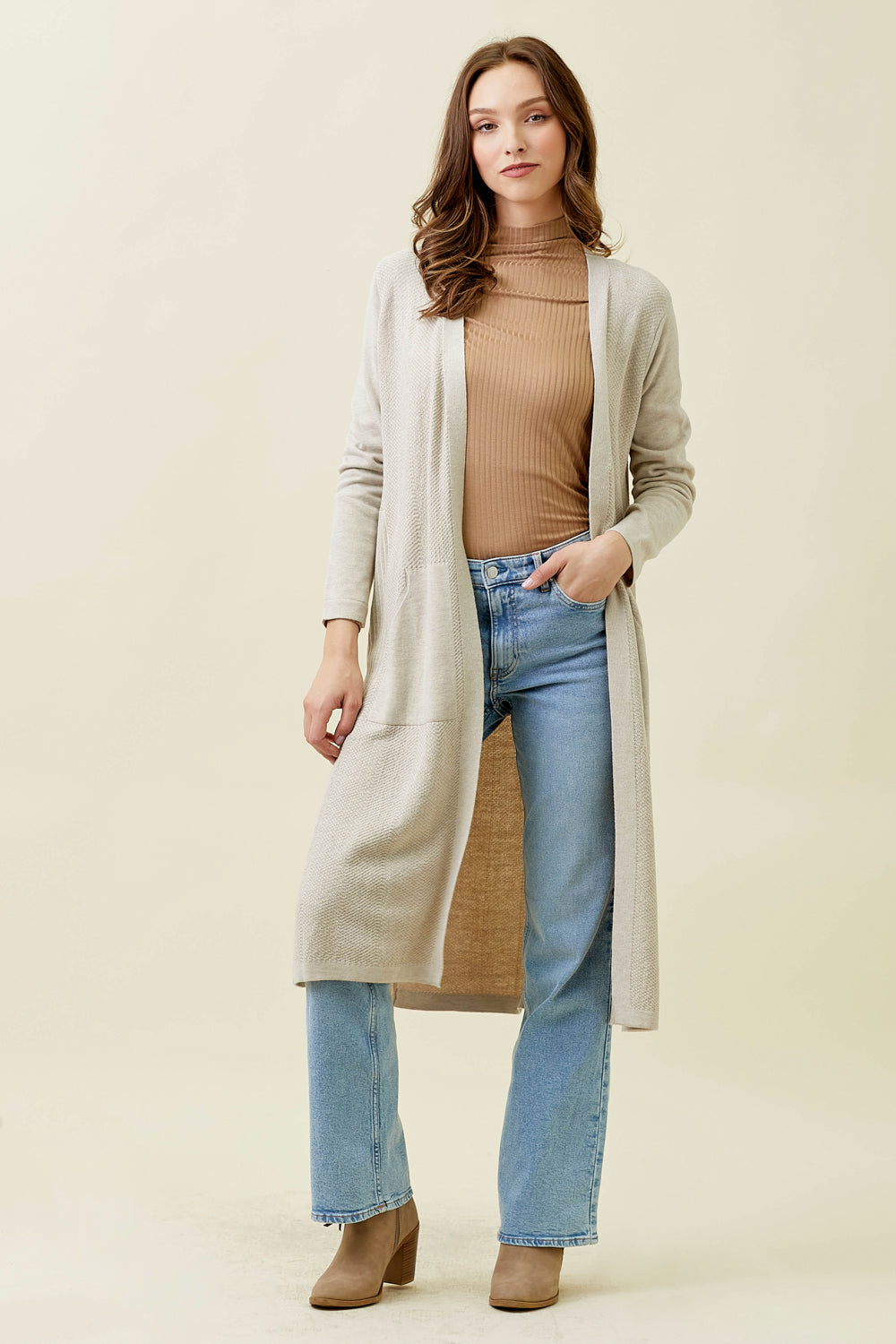 LONG CARDIGAN SWEATER-ALMOND - Kingfisher Road - Online Boutique