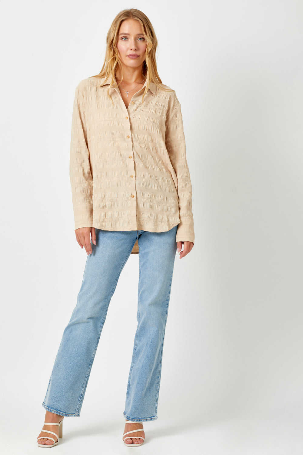 TEXTURED STRIPE BUTTONDOWN SHIRT-ALMOND - Kingfisher Road - Online Boutique