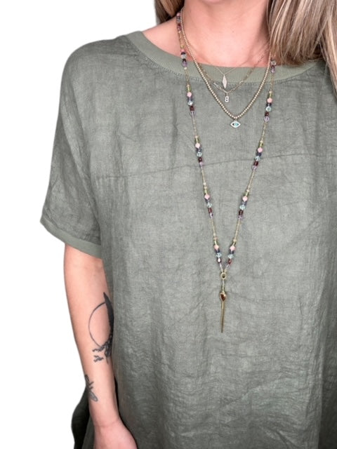 LINEN RIB TRIM ROUND NECK TUNIC-SAGE - Kingfisher Road - Online Boutique