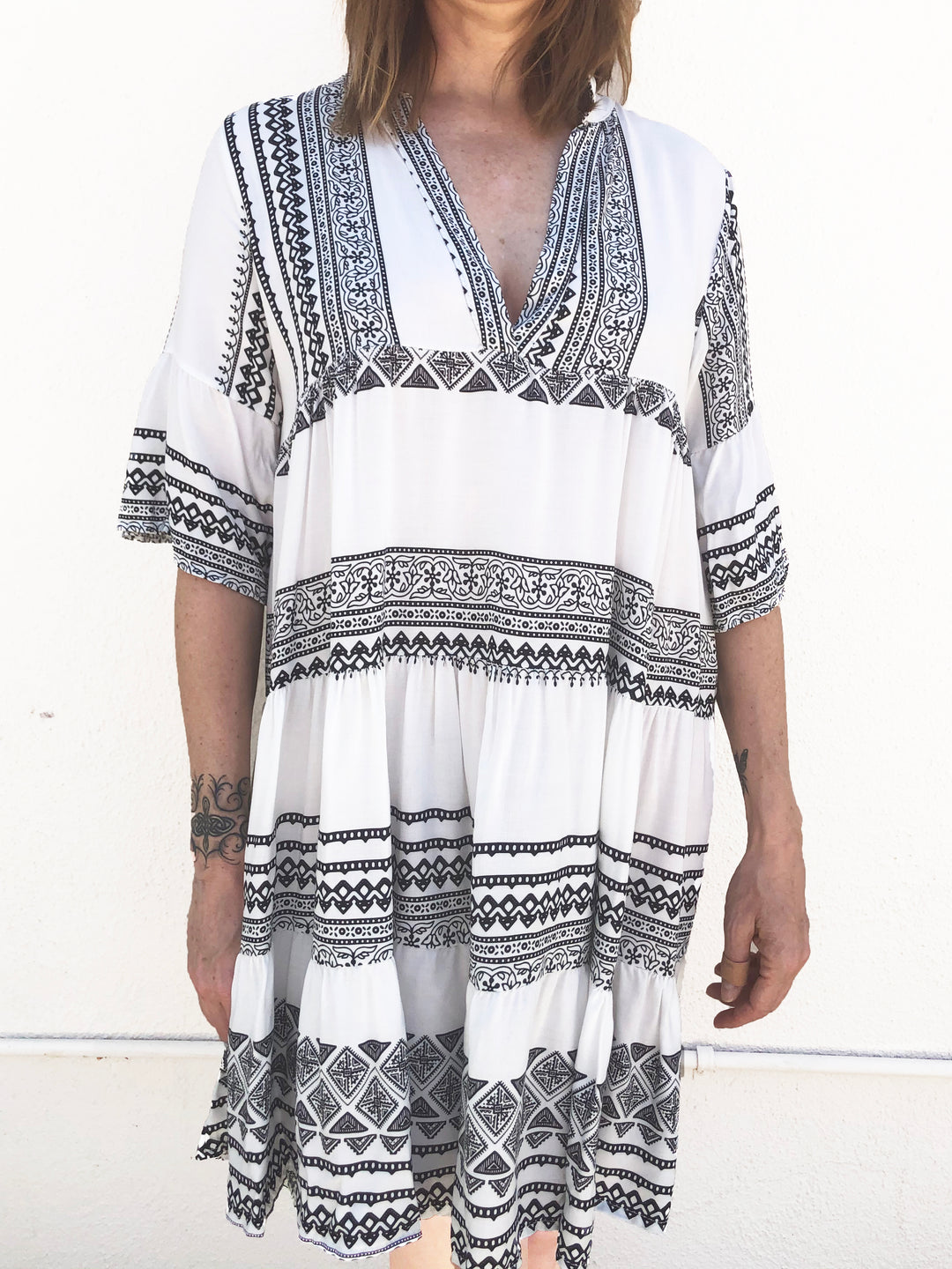 Elbow Sleeve V-Neck Dress - Kingfisher Road - Online Boutique