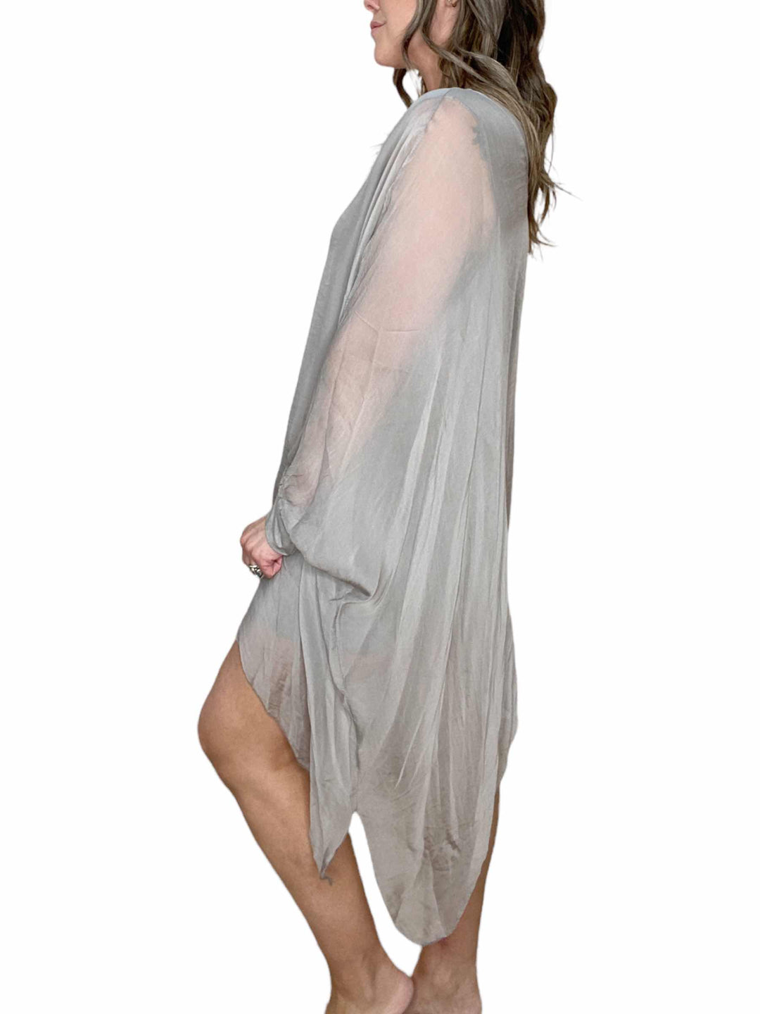SILK V-NECK LONG TUNIC - TAUPE - Kingfisher Road - Online Boutique