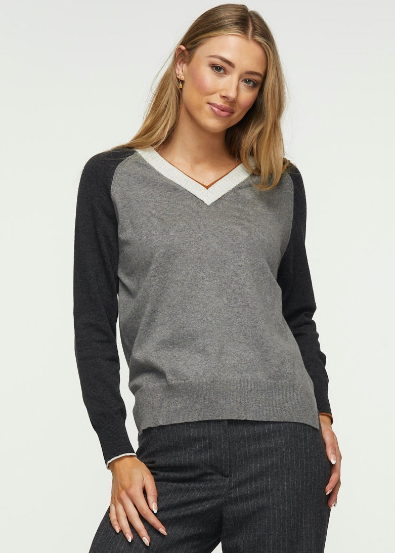 V-NECK COLOR BLOCK SWEATER - CLOUD - Kingfisher Road - Online Boutique