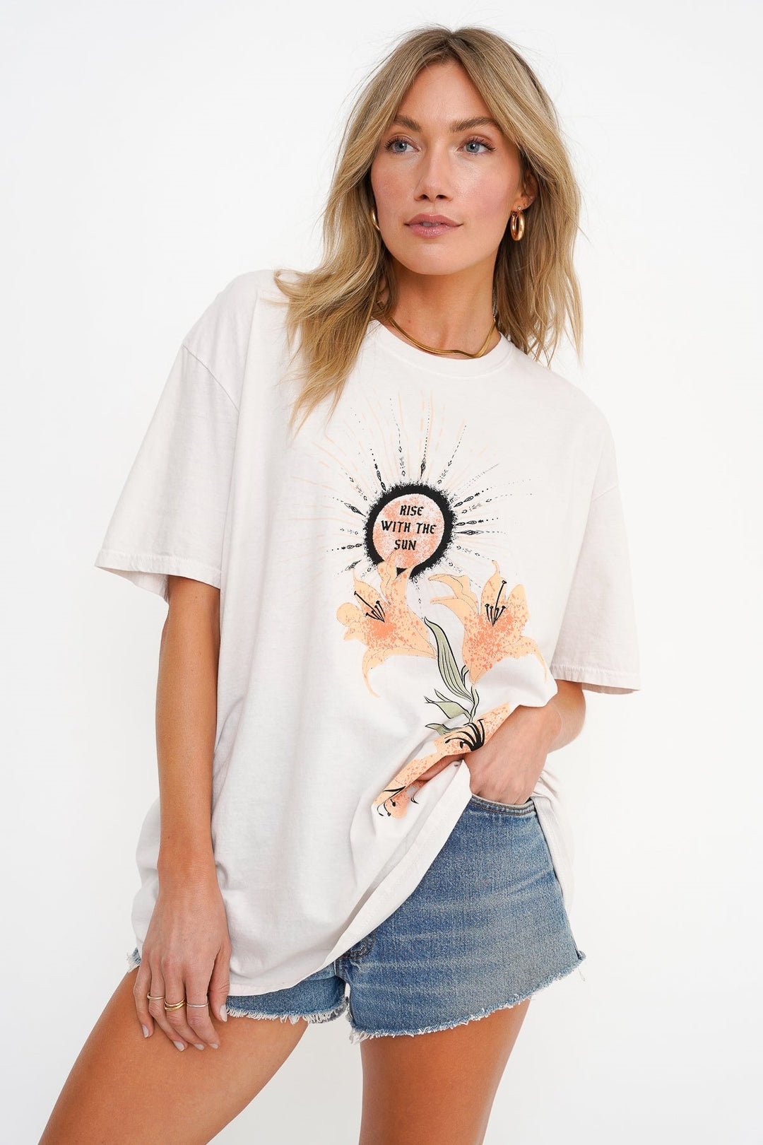 VINTAGE WHITE RISE WITH THE SUN OVERSIZED TEE - Kingfisher Road - Online Boutique