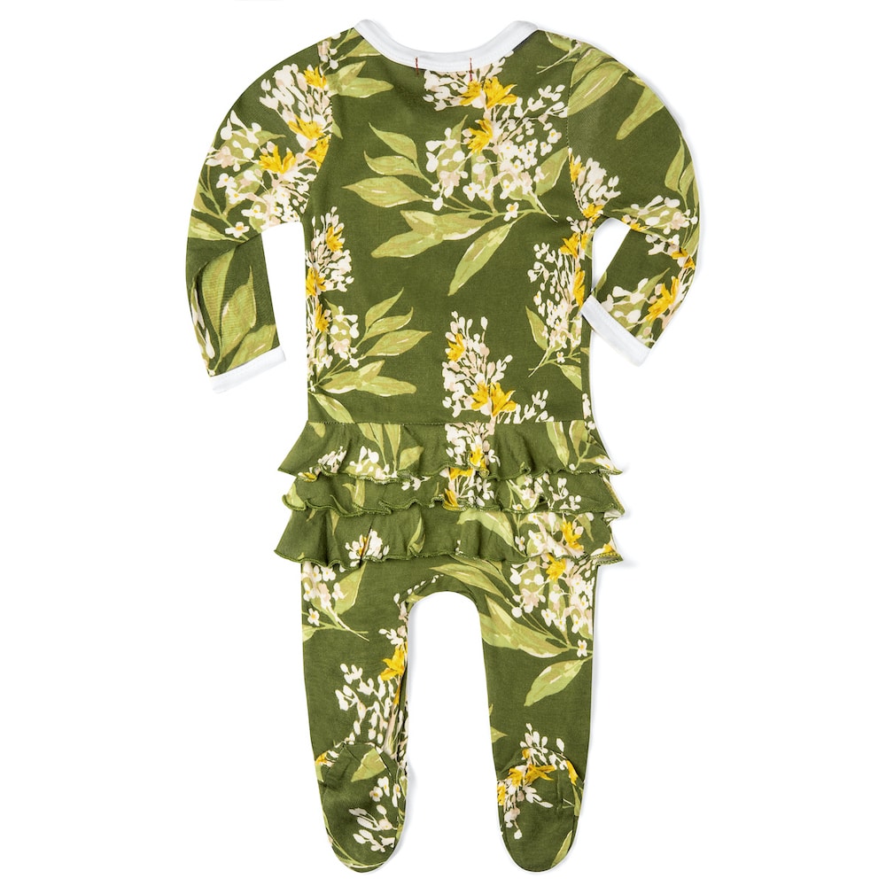 BAMBOO GREEN FLORAL RUFFLE ZIPPER FOOTED ROMPER - Kingfisher Road - Online Boutique