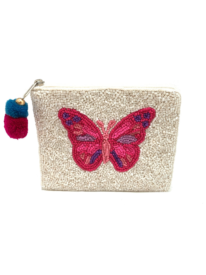 FUCHSIA BUTTERFLY BEADED POUCH WITH POM POM - Kingfisher Road - Online Boutique