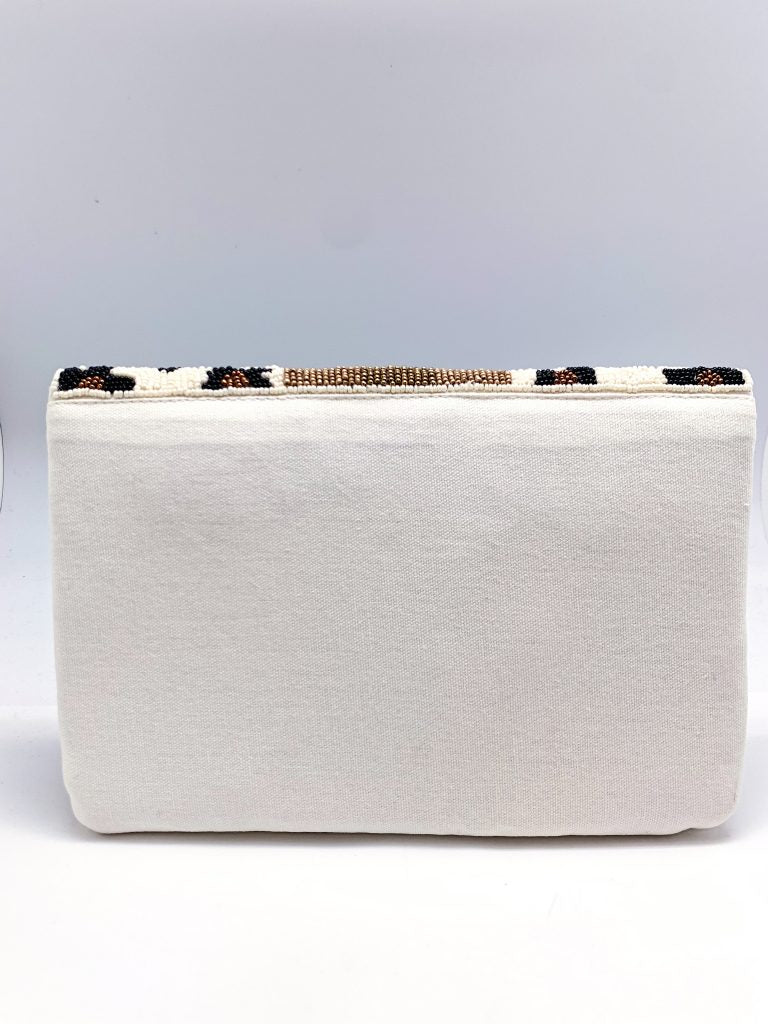 WHITE/GOLD CHEETAH BEADED BEE BAG - Kingfisher Road - Online Boutique
