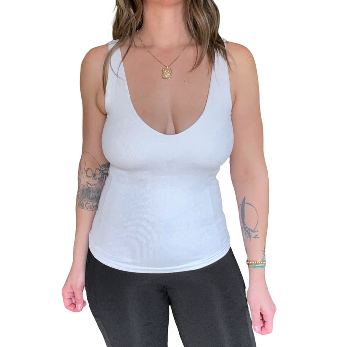 WHITE DOUBLE V-NECK BUILT-IN-BRA TANK - Kingfisher Road - Online Boutique