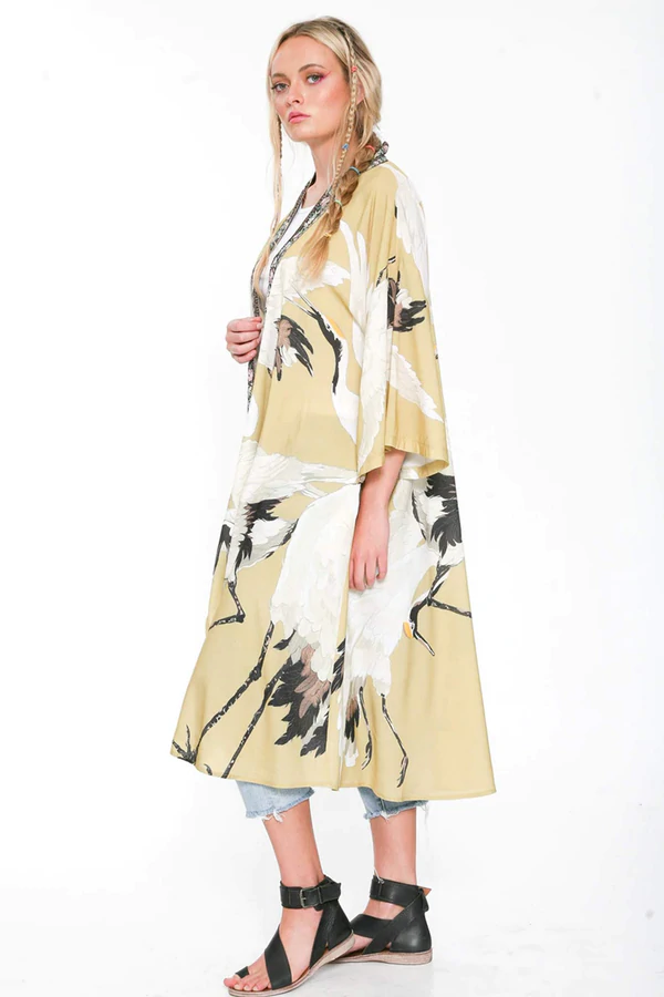 MUSTARD STORY OF THE CRANE KIMONO - Kingfisher Road - Online Boutique
