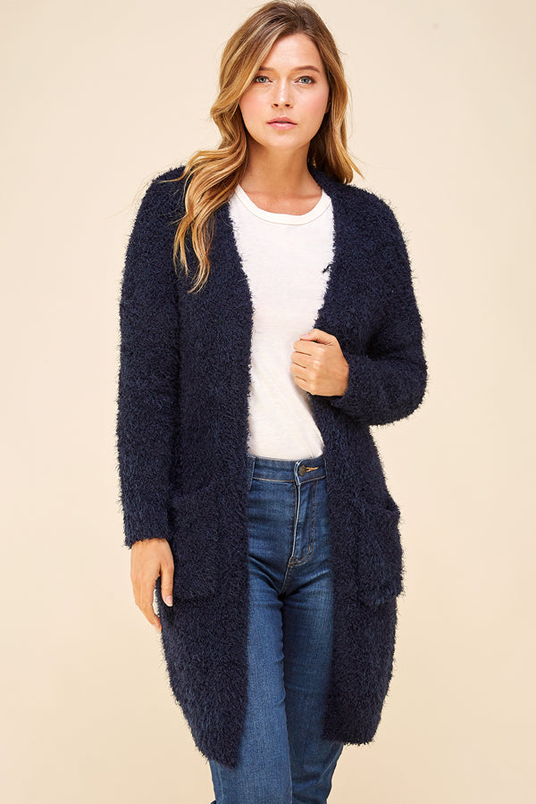 Fluffy Long Cardi With Pockets - Navy