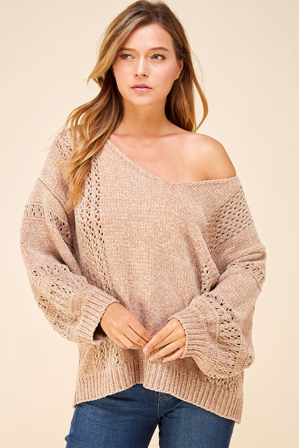 V-Neck Sweater/Knit Detail - Kingfisher Road - Online Boutique