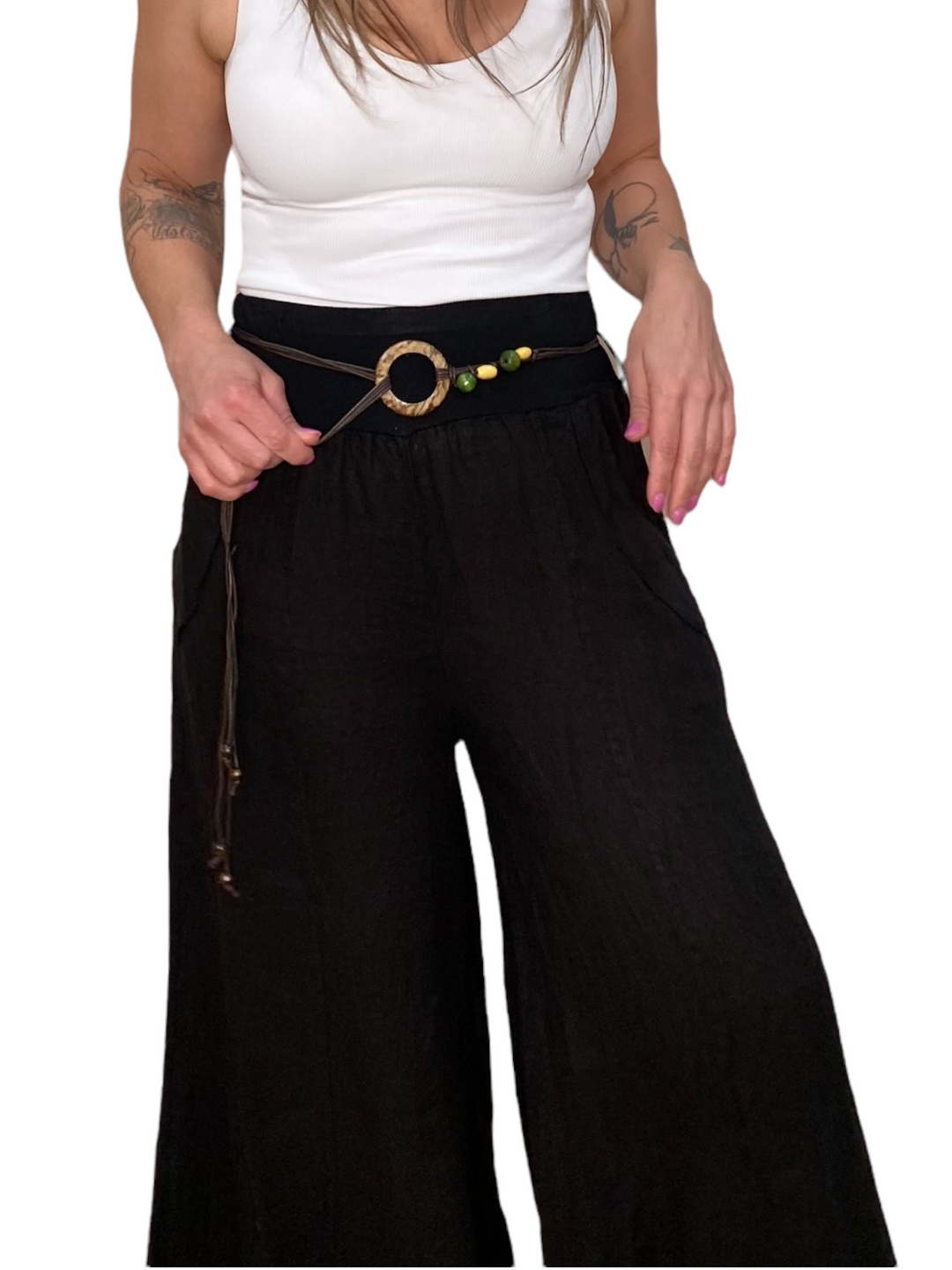 BELTED LINEN PALAZZO PANTS - BLACK