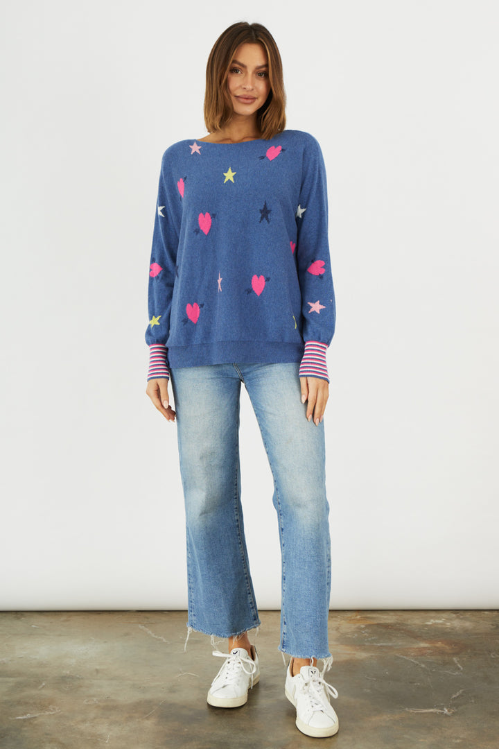 DENIM BLUE STAR AND HEART SWEATER - Kingfisher Road - Online Boutique