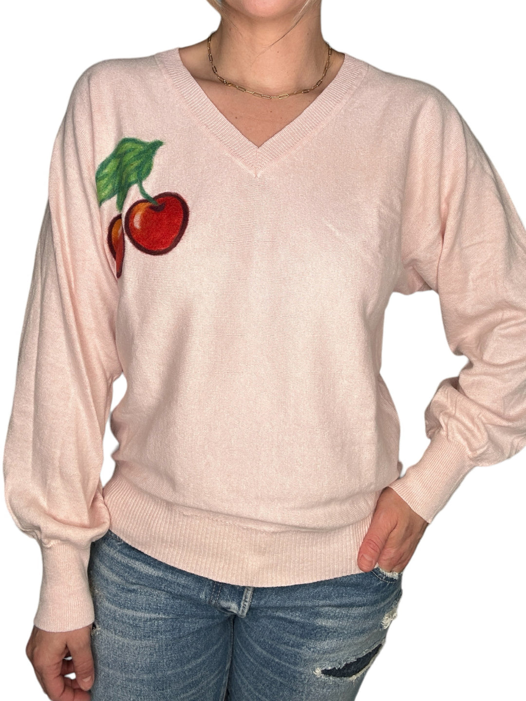 COTTON CASHMERE CHERRIES V-NECK SWEATER-PINK - Kingfisher Road - Online Boutique