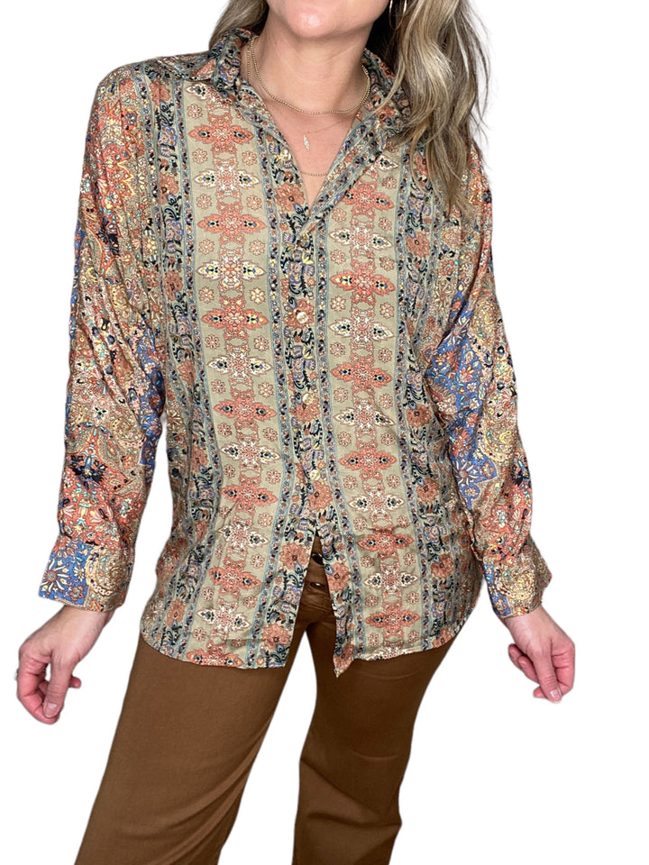 BROWN PRINT SILKY BUTTON DOWN TOP - Kingfisher Road - Online Boutique