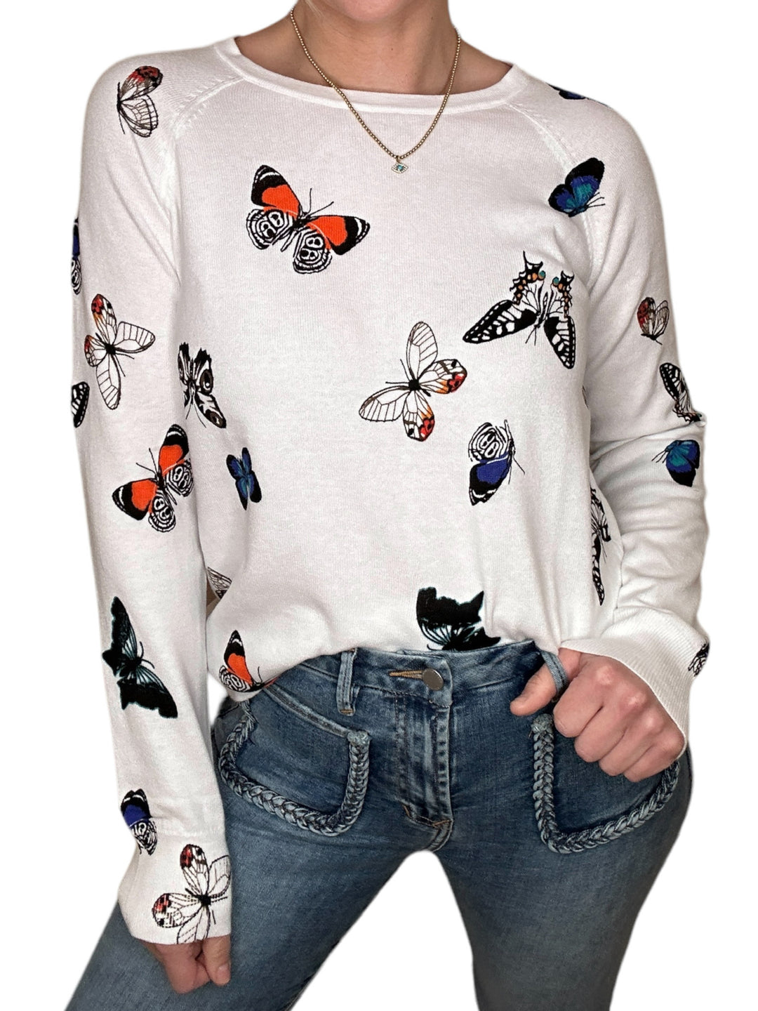 BUTTERFLY CREW NECK SWEATER-WHITE