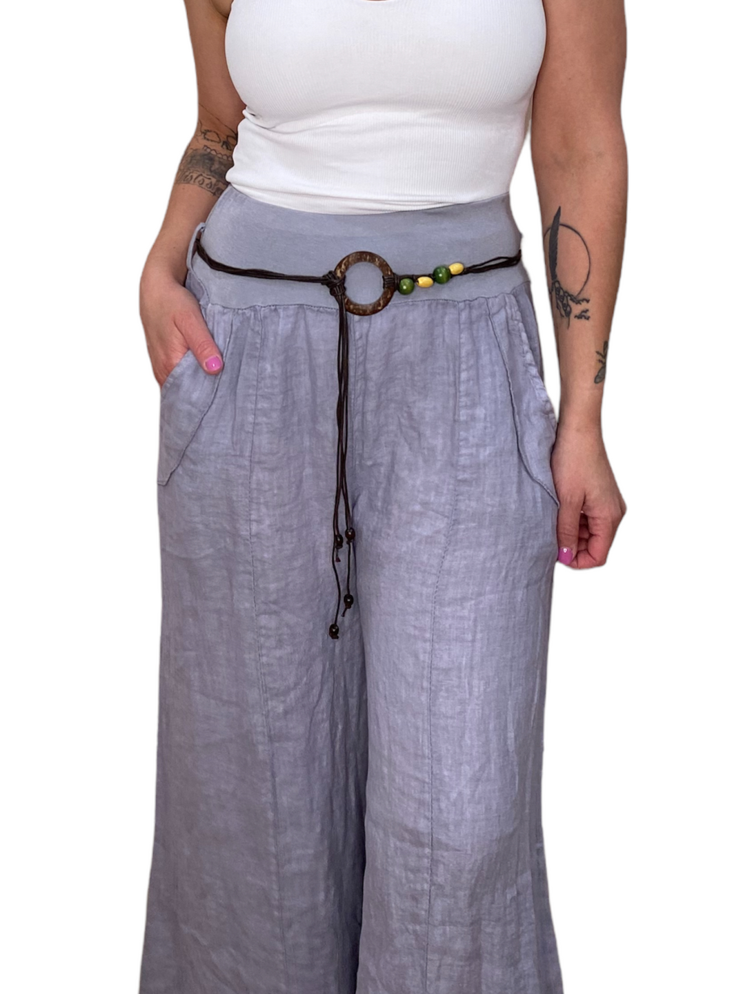 BELTED LINEN PALAZZO PANTS - GREY - Kingfisher Road - Online Boutique