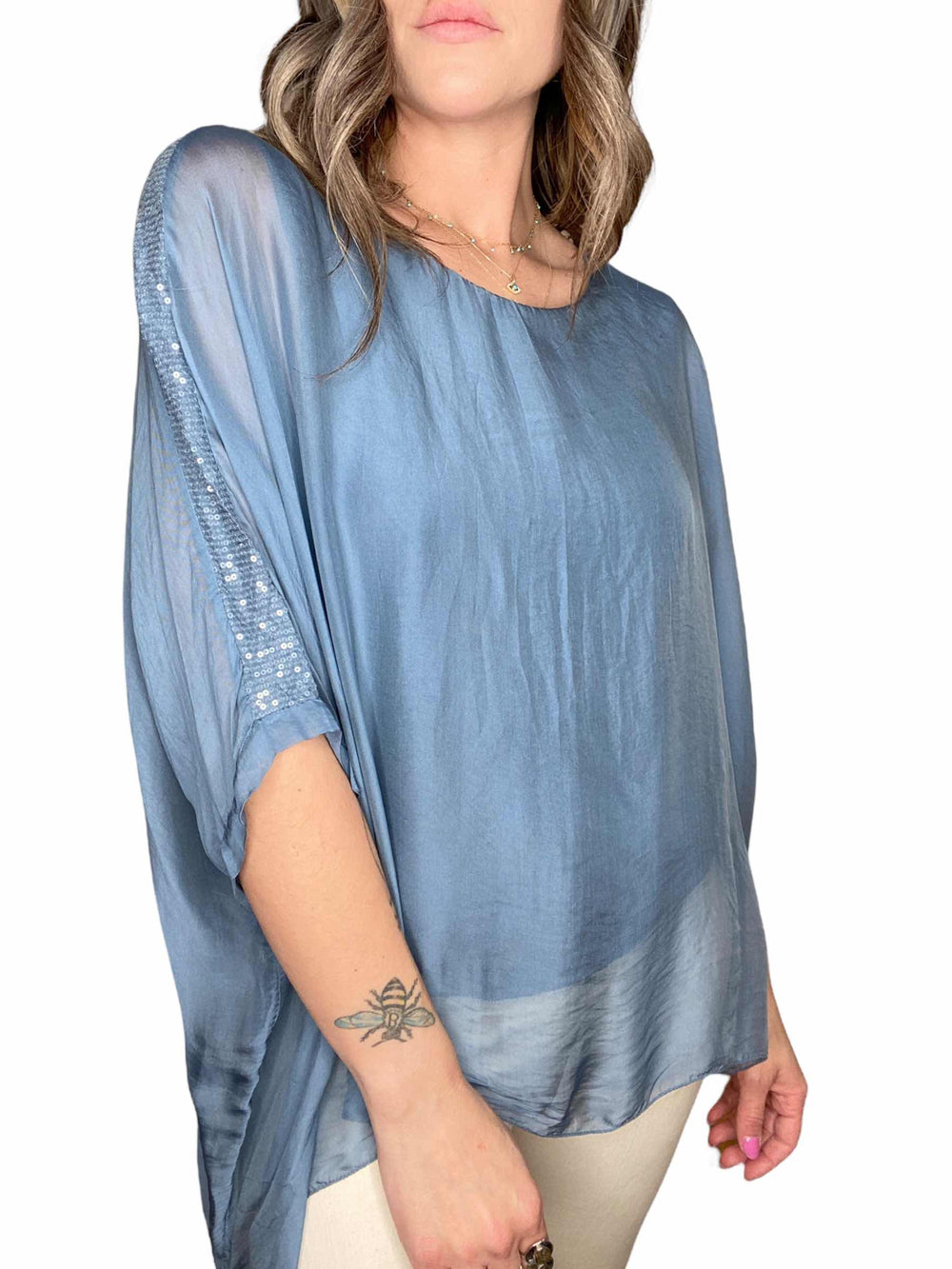 SILK CLASSIC SEQUIN TOP - DENIM - Kingfisher Road - Online Boutique