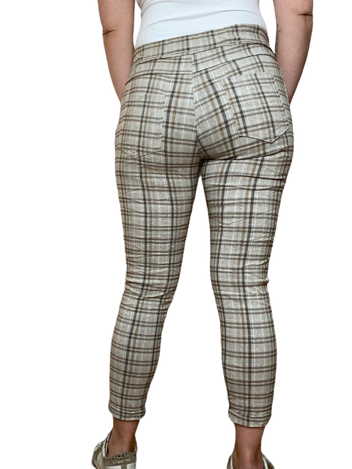 TAUPE PLAID DRAWSTRING PANT - Kingfisher Road - Online Boutique