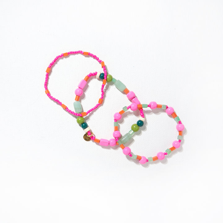PINK GREEN MIX TRIO OF BEADED STRETCH BRACELETS - Kingfisher Road - Online Boutique