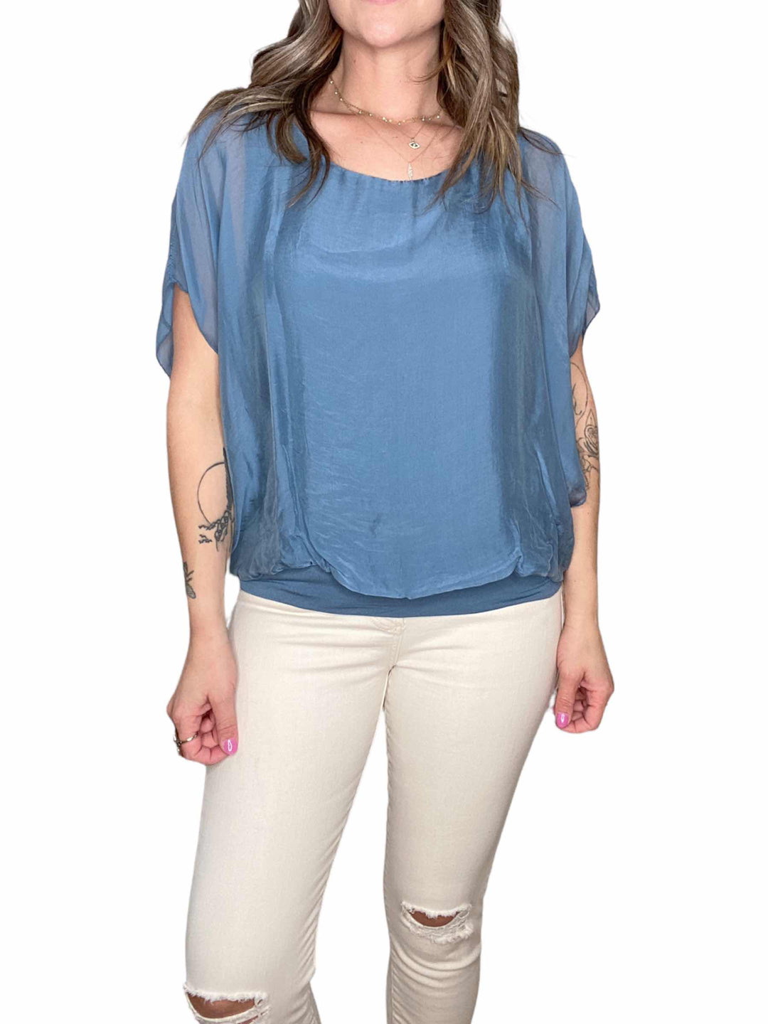 SILK BANDED SHORT SLEEVE TOP - DENIM - Kingfisher Road - Online Boutique