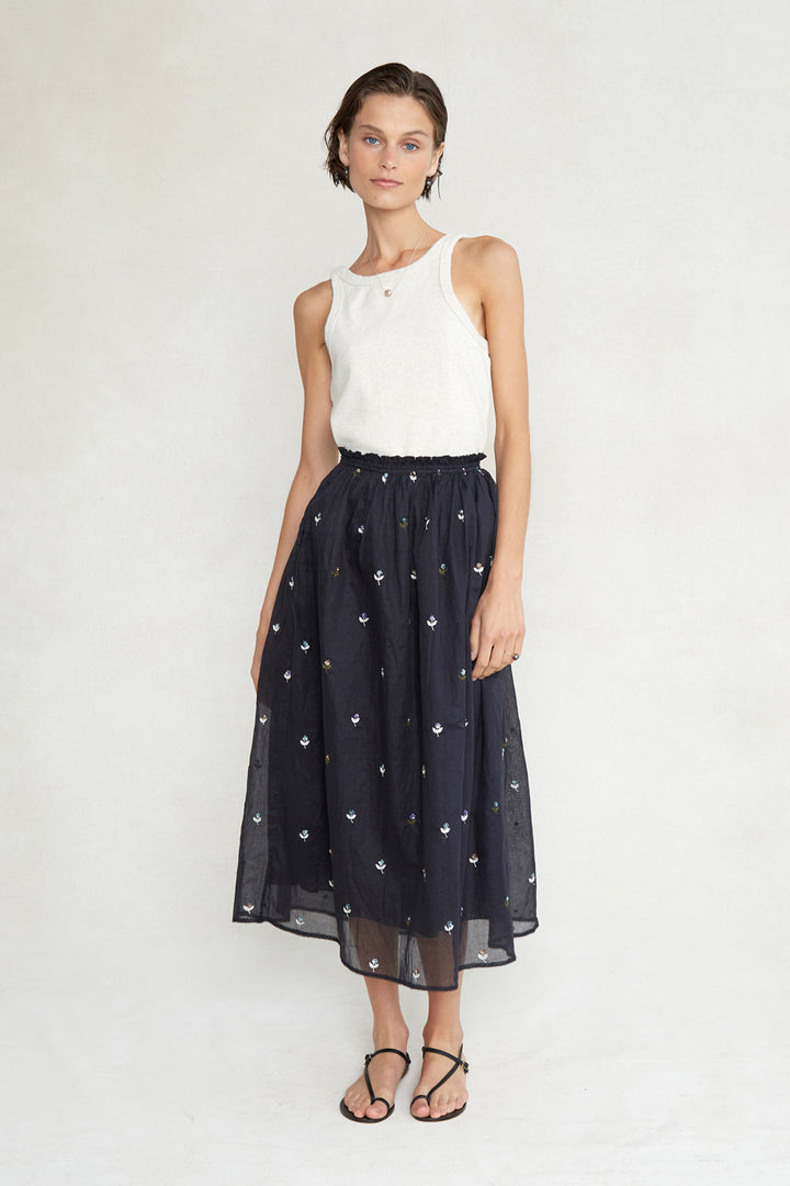 SMALL FLOWER EMBROIDERY SKIRT-CAVIAR - Kingfisher Road - Online Boutique