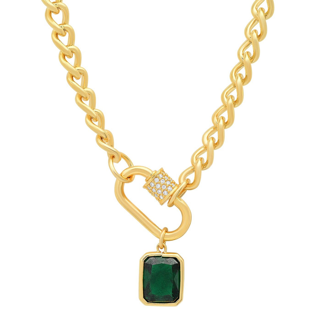 PAVE LOCK AND EMERALD CHARM NECKLACE - Kingfisher Road - Online Boutique