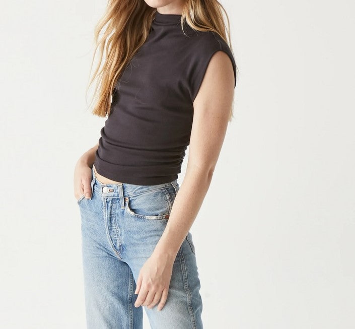 AMARA MOCK NECK POWERSHOULDER TOP-BLACK - Kingfisher Road - Online Boutique