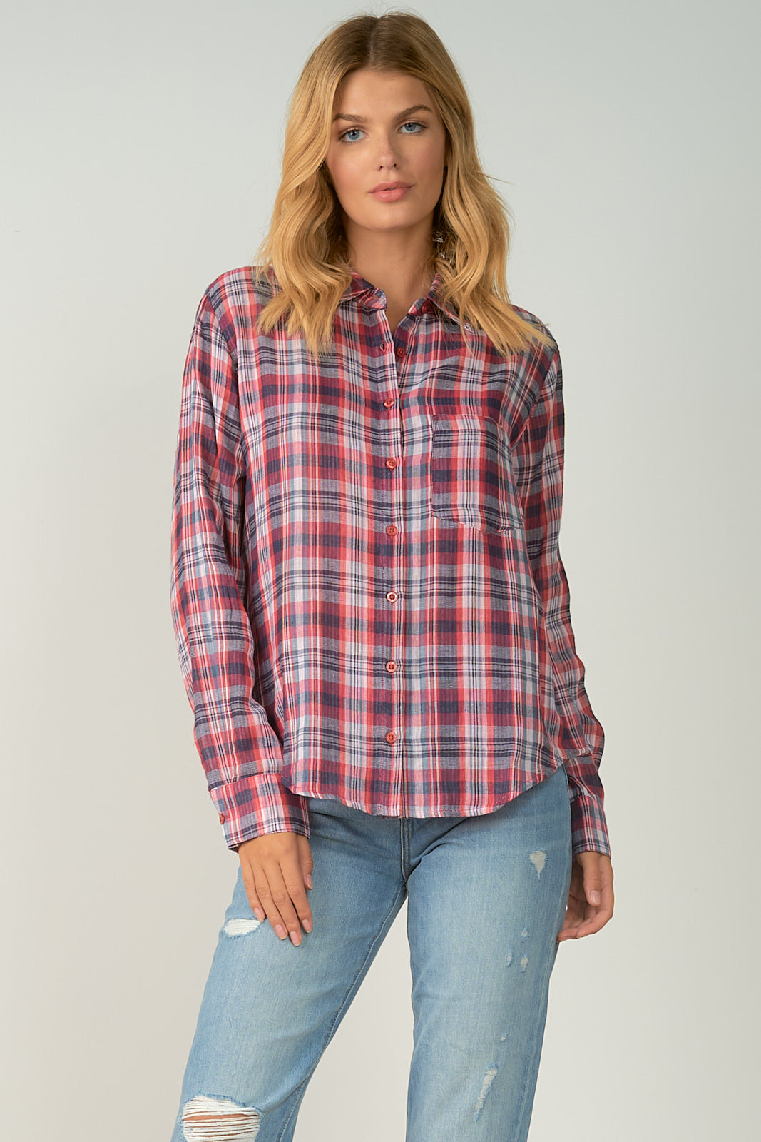 PINK PLAID BUTTON DOWN TOP - Kingfisher Road - Online Boutique
