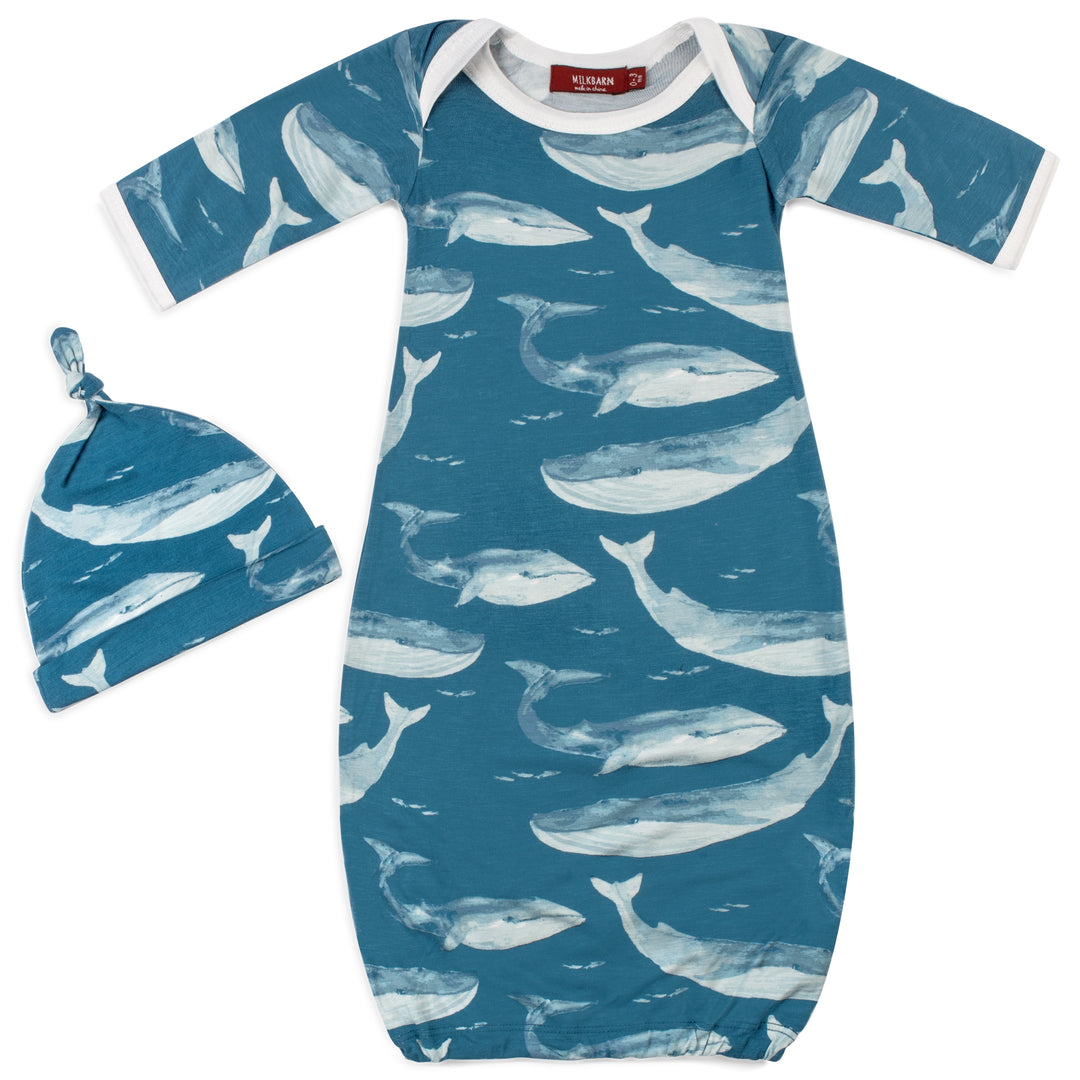 BAMBOO NEWBORN GOWN/HAT BLUE WHALE - Kingfisher Road - Online Boutique