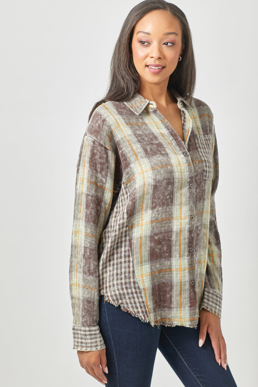 PLAID L/S BUTTON DOWN-CHOCOLATE - Kingfisher Road - Online Boutique