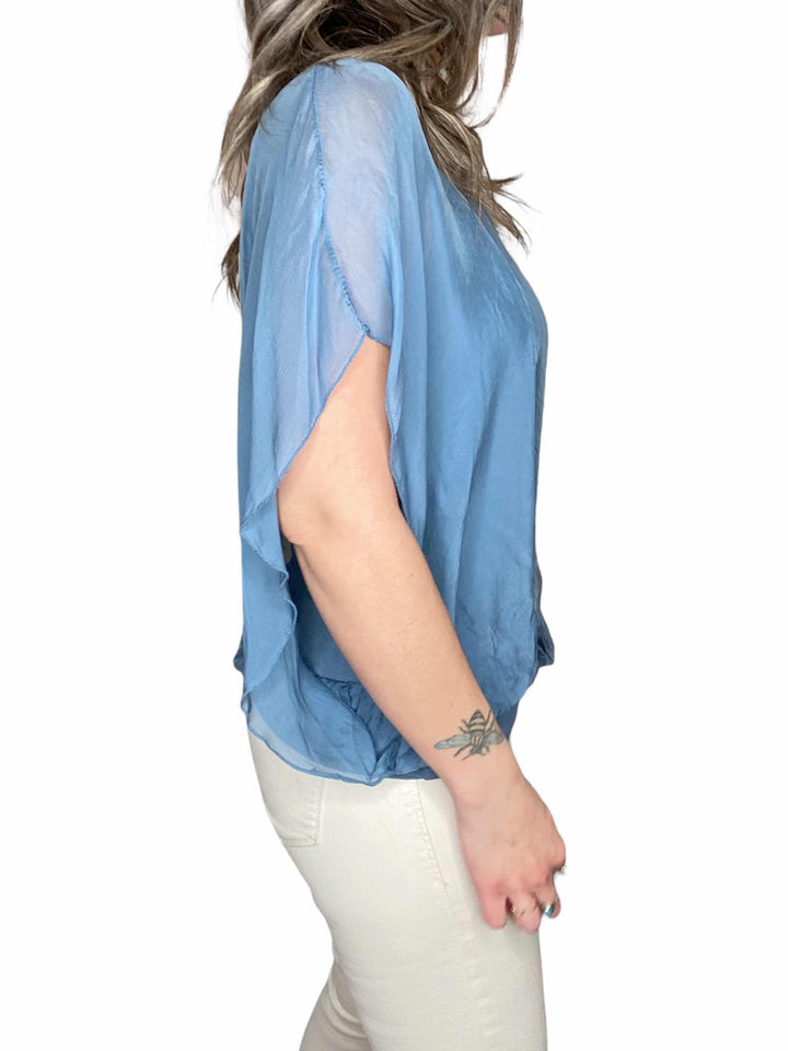 SILK BANDED SHORT SLEEVE TOP - DENIM - Kingfisher Road - Online Boutique