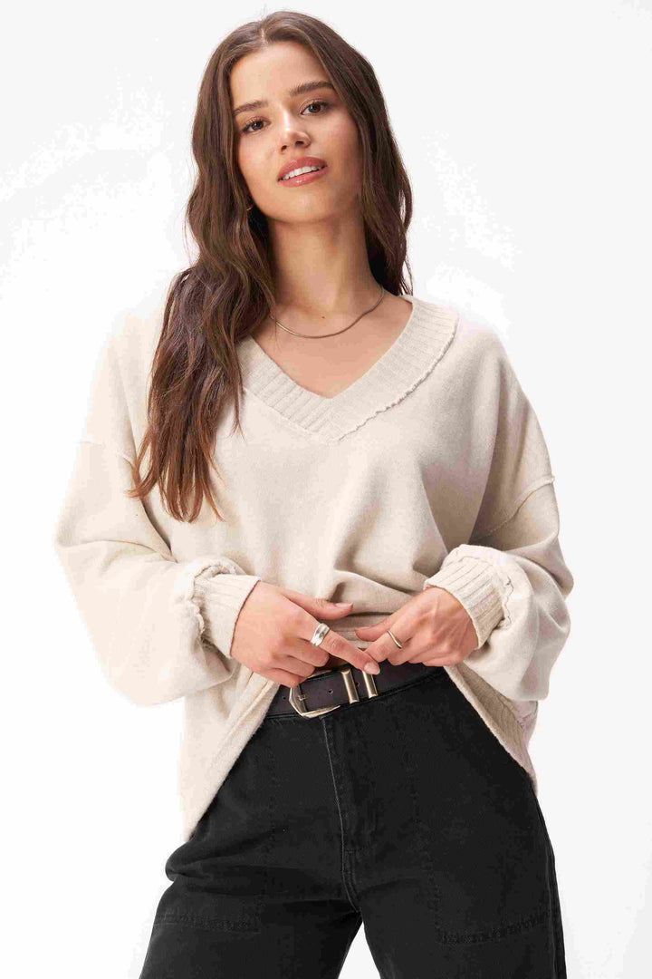 ARYA V-NECK SWEATSHIRT-ALABASTER - Kingfisher Road - Online Boutique