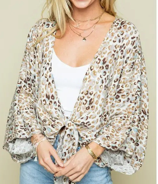 3/4 SLEEVE TIE FRONT TOP-ANIMAL PRINT - Kingfisher Road - Online Boutique