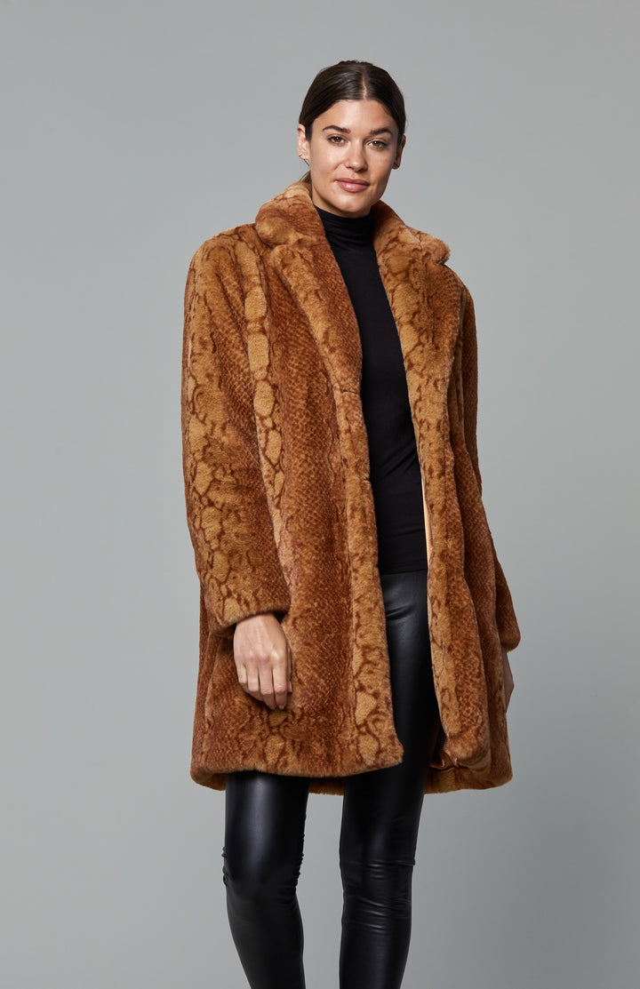 PLUSH SNAKE PRINT FAUX FUR COAT - RUST SNAKE - Kingfisher Road - Online Boutique