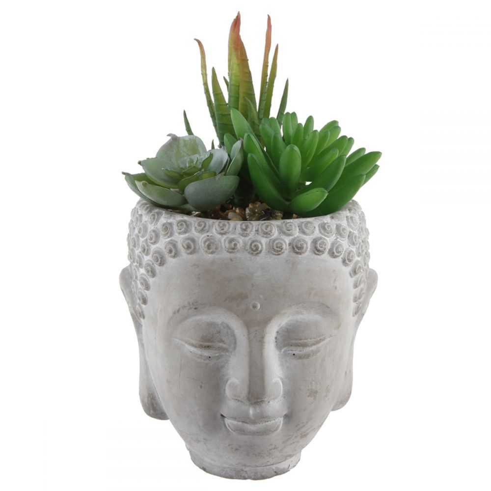 FAUX SUCCULENT MIX IN CEMENT BUDDA PLANTER - Kingfisher Road - Online Boutique