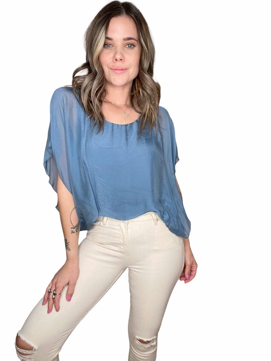 SILK BANDED SHORT SLEEVE TOP - DENIM - Kingfisher Road - Online Boutique